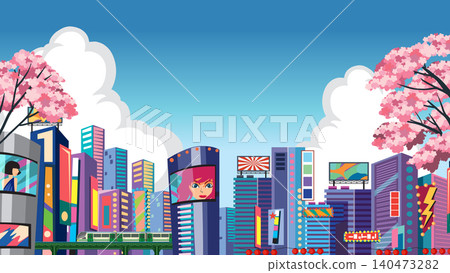 Modern Japanese Cityscape Vector Illustration with Cherry Blossoms and Skyscrapers Modern Japanese Cityscape Vector Illustration with Cherry Blossoms and Skyscrapers 140473282
