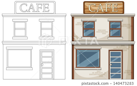 Side-by-Side Outline and Colored Urban Cafe Building Side-by-Side Outline and Colored Urban Cafe Building 140473283