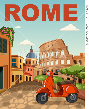 Vintage Style Travel Poster of Rome with Red Scooter and Colosseum Vintage Style Travel Poster of Rome with Red Scooter and Colosseum 140473285
