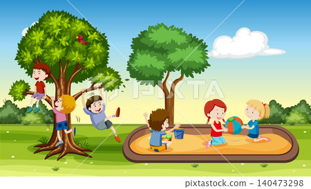 Children Playing in a Park Sandbox and Climbing Large Trees Children Playing in a Park Sandbox and Climbing Large Trees 140473298