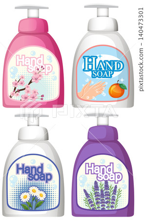 Vector Illustration of Four Floral Hand Soap Bottles 140473301