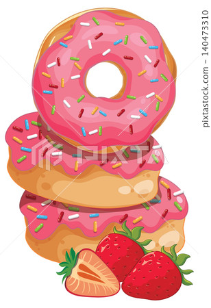 Stack of Pink Frosted Donuts with Sprinkles and Fresh Strawberries Stack of Pink Frosted Donuts with Sprinkles and Fresh Strawberries 140473310