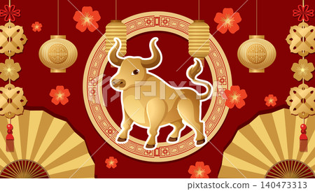 Chinese Zodiac Ox Illustration with Traditional Lanterns and Red Background Chinese Zodiac Ox Illustration with Traditional Lanterns and Red Background 140473313