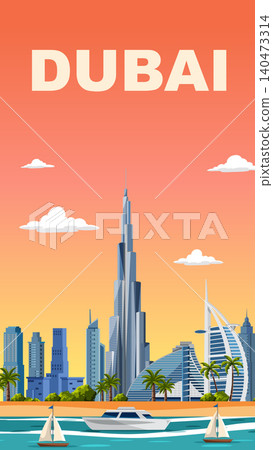 Flat Vector Illustration of Dubai Skyline with Famous Landmarks and Boats Flat Vector Illustration of Dubai Skyline with Famous Landmarks and Boats 140473314