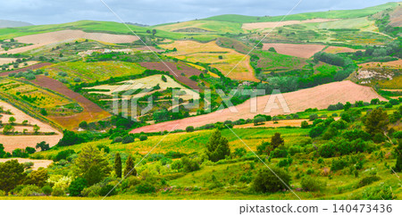 agriculture fields panorama scenery landscape country side summer view cultivated land lush vegetation stretching across undulating terrain under a soft overcast sky agriculture fields panorama scenery landscape country side summer view cultivated land lush vegetation stretching across undulating terrain under a soft overcast sky 140473436