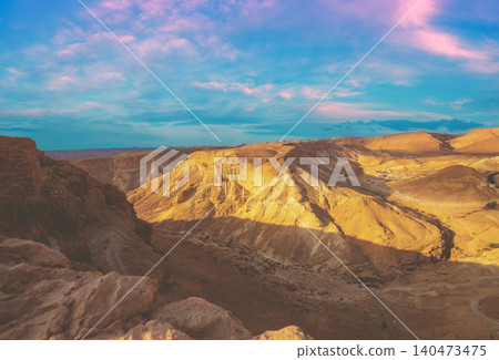 Mountain nature landscape. View of the valley from the mount. Desert in the early morning. The Judaean Desert. Landscape in Dead sea region. Nature Israel 140473475