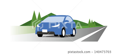 一幅描繪駕車行駛在鄉村公路上，遠處群山環繞的插圖。 140473703