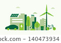 Green Smart City Sustainable. Eco friendly, green energy, environment, modern city. Zero emissions and pollution. Sustainable transportation. Vector illustration 140473934