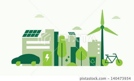 Green Smart City Sustainable. Eco friendly, green energy, environment, modern city. Zero emissions and pollution. Sustainable transportation. Vector illustration 140473934