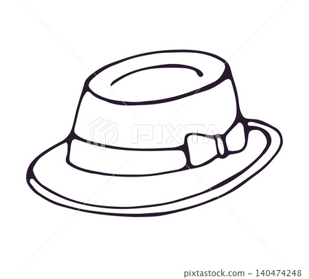 Hand drawn fedora hat with bow band doodle illustration isolated on white background Hand drawn fedora hat with bow band doodle illustration isolated on white background 140474248
