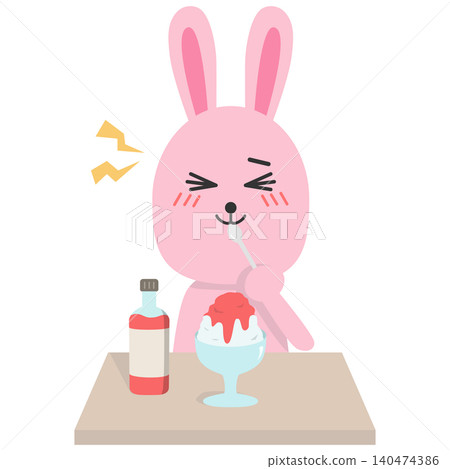一隻兔子正在吃草莓口味刨冰的插圖。 一隻兔子正在吃草莓口味刨冰的插圖。 140474386