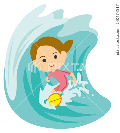 An illustration of a woman smiling while surfing. An illustration of a woman smiling while surfing. 140474517