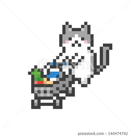 A calico cat pushing a pixelated shopping cart A calico cat pushing a pixelated shopping cart 140474792
