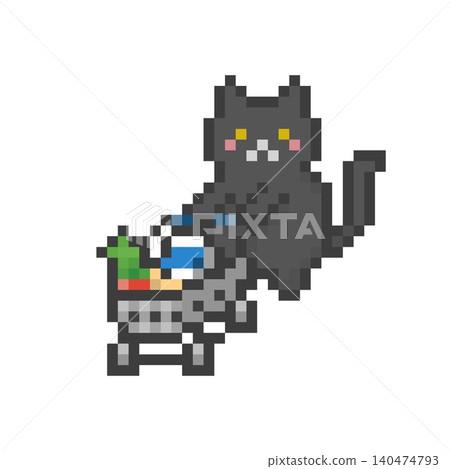 A black cat pushing a pixel art shopping cart A black cat pushing a pixel art shopping cart 140474793