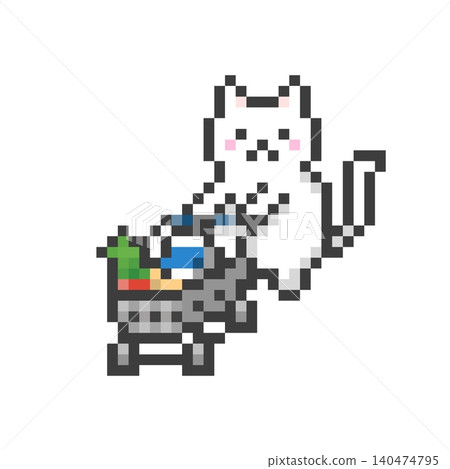 A white cat pushing a pixel art shopping cart A white cat pushing a pixel art shopping cart 140474795