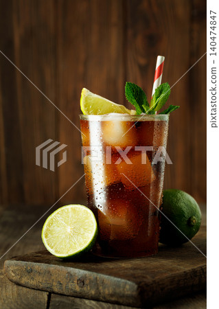 Refreshing cuba libre cocktail with cola, rum, lime, and mint, cold drink featuring ice cubes on rustic wooden table Refreshing cuba libre cocktail with cola, rum, lime, and mint, cold drink featuring ice cubes on rustic wooden table 140474847