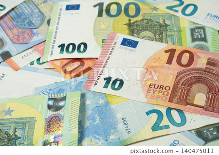 Close up of various Euro paper money spread out. Close up of various Euro paper money spread out. 140475011