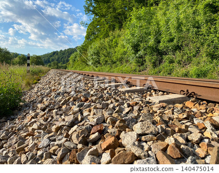 Beautiful view of empty railroad tracks in European countryside Beautiful view of empty railroad tracks in European countryside 140475014