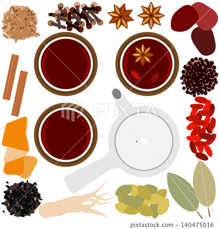 Illustrations of a teacup and teapot inspired by medicinal herbal tea. 140475016