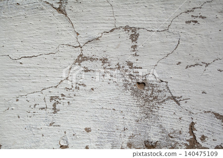 Surface of a cracked white wall shows uneven texture and signs of age, with faint marks and a small hole, creating an impression of neglect. Surface of a cracked white wall shows uneven texture and signs of age, with faint marks and a small hole, creating an impression of neglect. 140475109