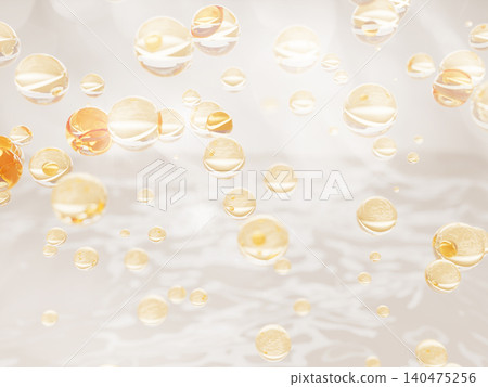 Collagen oil bubbles on transparent gel cream 3d background. Gold serum, yellow omega vitamin drops, liquid cosmetic balls, moisture essence, beauty skincare product, realistic render. 3D illustration Collagen oil bubbles on transparent gel cream 3d background. Gold serum, yellow omega vitamin drops, liquid cosmetic balls, moisture essence, beauty skincare product, realistic render. 3D illustration 140475256