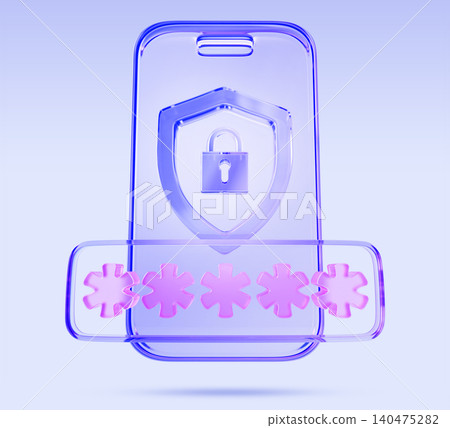 Blue glass mobile phone with security code, padlock and shield. Render 3d icon of safety technology, information protect with transparent smartphone, purple asterisk password and lock. 3D illustration Blue glass mobile phone with security code, padlock and shield. Render 3d icon of safety technology, information protect with transparent smartphone, purple asterisk password and lock. 3D illustration 140475282