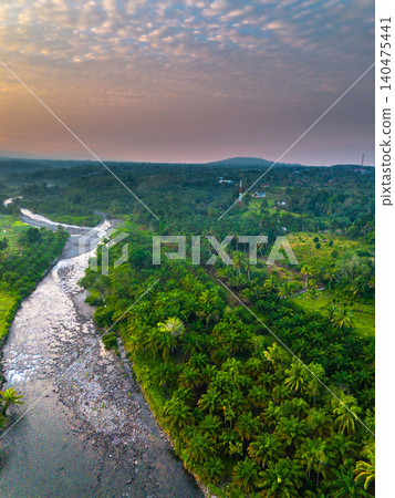 Terraced Rice Fields at Sunrise in Indonesia. Beautiful panoramic view of terraced rice fields surrounded by lush tropical greenery and palm trees 140475441