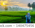 Terraced Rice Fields at Sunrise in Indonesia. Beautiful panoramic view of terraced rice fields surrounded by lush tropical greenery and palm trees 140475456