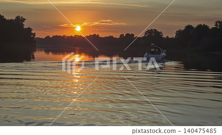 A picturesque sunset over the river with reflections of clouds and silhouettes of trees A picturesque sunset over the river with reflections of clouds and silhouettes of trees 140475485