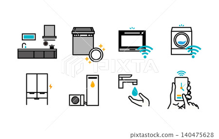 Smart home icon illustrations for kitchen appliances and energy-saving home equipment. Smart home icon illustrations for kitchen appliances and energy-saving home equipment. 140475628