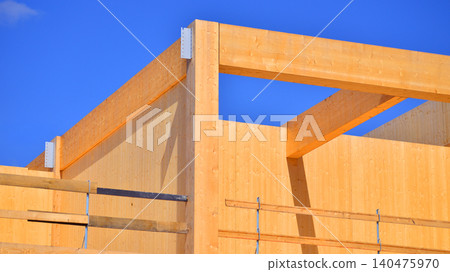 Laminate wood floors and supports of a mass timber multi story green, sustainable office building construction project Laminate wood floors and supports of a mass timber multi story green, sustainable office building construction project 140475970