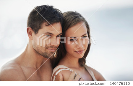 Couple, thinking and outdoor in summer with love in embrace on vacation or holiday. Future, travel and man hug woman with care, support and kindness in marriage and planning ideas for adventure Couple, thinking and outdoor in summer with love in embrace on vacation or holiday. Future, travel and man hug woman with care, support and kindness in marriage and planning ideas for adventure 140476110