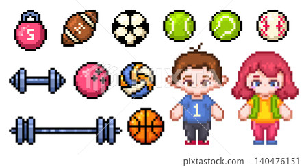 Pixel art sports icons, man, woman figures, balls 140476151