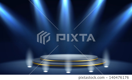 Round podium stage with neon blue spotlight beams Round podium stage with neon blue spotlight beams 140476176