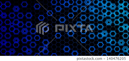 Blue hexagon grid, 3d neon glowing game background Blue hexagon grid, 3d neon glowing game background 140476205
