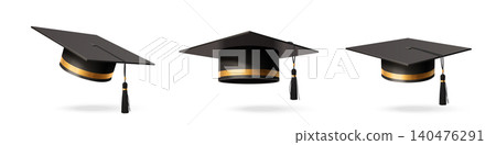 Realistic black mortar boards with golden tassels Realistic black mortar boards with golden tassels 140476291