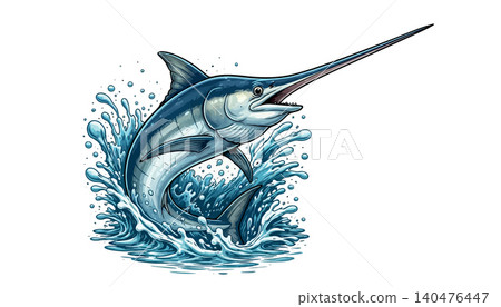 Vsai marlin fish leaping out of blue ocean water Vsai marlin fish leaping out of blue ocean water 140476447