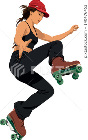 Vsai young woman roller skating jumping celebrating freedom 140476452