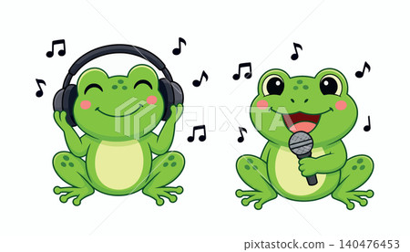 Vsai cute cartoon frogs enjoying music and singing hobby 140476453