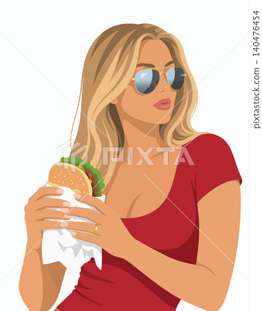 Vsai blonde woman wearing sunglasses holding a hamburger Vsai blonde woman wearing sunglasses holding a hamburger 140476454