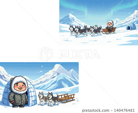 Vsai cartoon child driving dog sled in arctic winter landscape 140476481