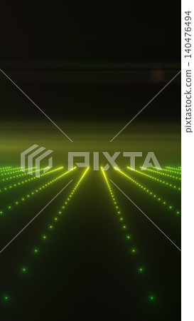 Green glowing digital grid with rows of lights stretching toward a dark horizon, suggesting smart technology, data fields, and future landscapes. 140476494