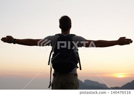 Man, silhouette and freedom with mountain, sunset and adventure for travel or holiday. Tourist, brazil and backpack with sunrise, view and nature for calm and fulfillment with hike for health Man, silhouette and freedom with mountain, sunset and adventure for travel or holiday. Tourist, brazil and backpack with sunrise, view and nature for calm and fulfillment with hike for health 140476516