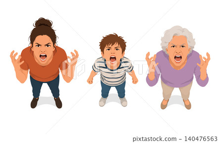 Vsai angry family members screaming at observer overhead view Vsai angry family members screaming at observer overhead view 140476563