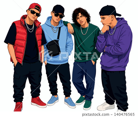 Vsai group of young men wearing urban casual streetwear Vsai group of young men wearing urban casual streetwear 140476565