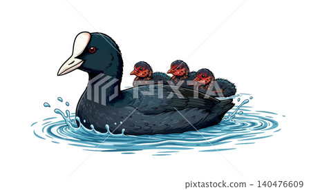 Vsai coot swimming with chicks on its back 140476609
