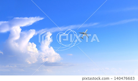 Horizontal background with aircraft on cloudy sky. Airplane drawing a heart in sky. Jet flight route of aircraft in shape of a heart in blue sky. Topic of holiday, travel, trip abroad on vacation Horizontal background with aircraft on cloudy sky. Airplane drawing a heart in sky. Jet flight route of aircraft in shape of a heart in blue sky. Topic of holiday, travel, trip abroad on vacation 140476683
