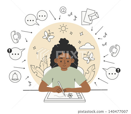 Neurodiversity Life. Black Autistic Woman in Hyperfocus Protected from Information Noise. Creative Flow State and ADHD Concentration. Professional Artist Drawing on Tablet, Hobby. Vector Illustration. Neurodiversity Life. Black Autistic Woman in Hyperfocus Protected from Information Noise. Creative Flow State and ADHD Concentration. Professional Artist Drawing on Tablet, Hobby. Vector Illustration. 140477007