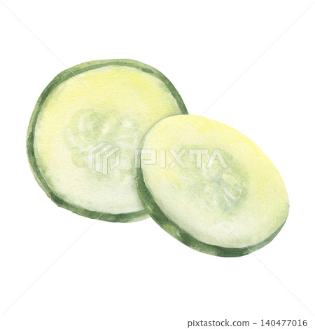 Thin cucumber slices. Hand-painted watercolor illustration isolated on white for healthy food branding, salad recipes, detox design, restaurant menus, packaging, wellness, cosmetics, culinary projects Thin cucumber slices. Hand-painted watercolor illustration isolated on white for healthy food branding, salad recipes, detox design, restaurant menus, packaging, wellness, cosmetics, culinary projects 140477016