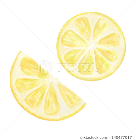 Lemon slices set. Hand-painted watercolor illustration isolated on white for beverage branding, cocktail, poke, ramen menus, recipe books, food packaging, kitchen decor, wellness, culinary advertising 140477017